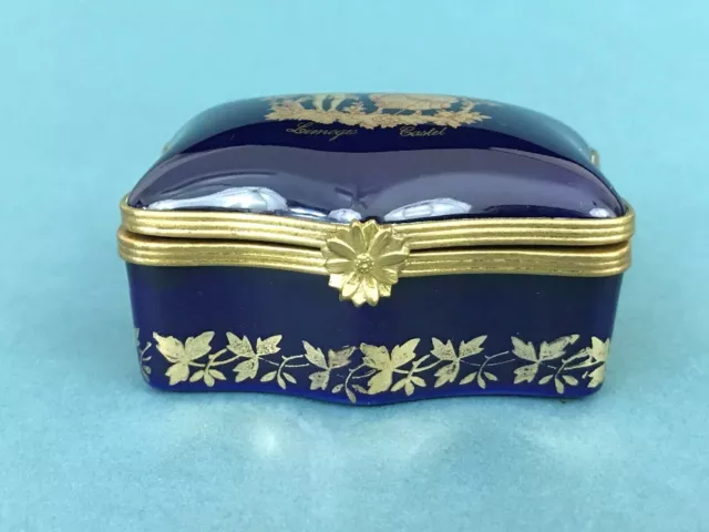 Limoges Castle France 22K Gold Gilt Cobalt Blue Love Couple Floral Trinket Box