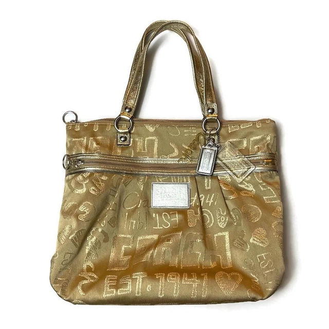 Coach Poppy Story Patch Glam Tote Gold Canvas Shoulder Bag