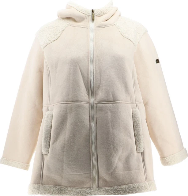 Koolaburra Ugg Faux Suede Hooded Coat Sherpa Trims Cream 3X NEW A545146
