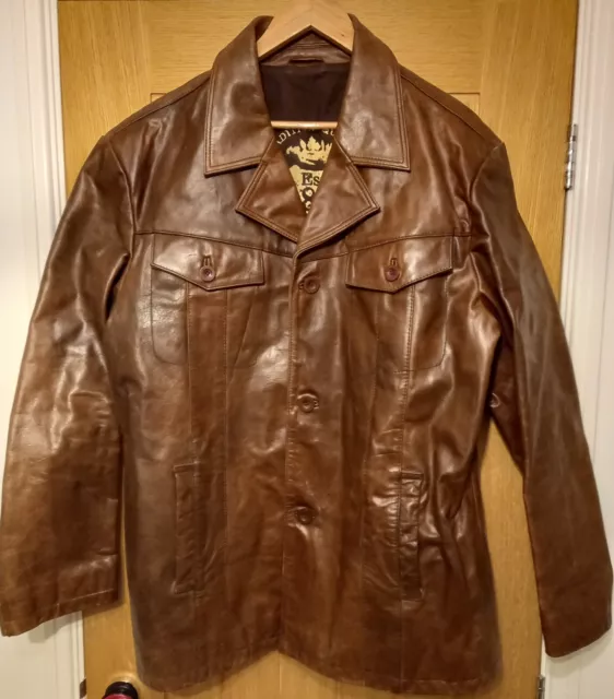 Men's Vintage Brown Real Leather Box Jacket Blazer Coat XL