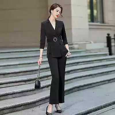 Tailleur completo donna nero giacca manica lunga pantalone elegante 4862