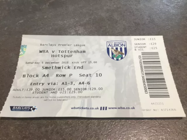 West Bromwich Albion v Tottenham Hotspur 5 December 2015 Match Ticket
