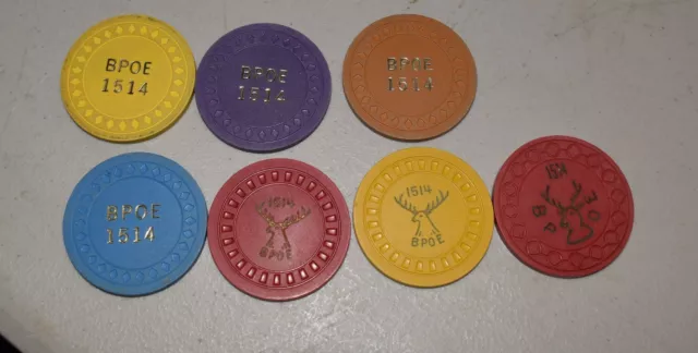 vintage BPOE 1514,7 different poker chips,longview washington, elks club, S4