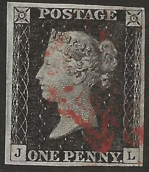 GB 1840 SG2 1d Penny Black PLATE 3 Lettered JL Fine 4 Margin Red MX