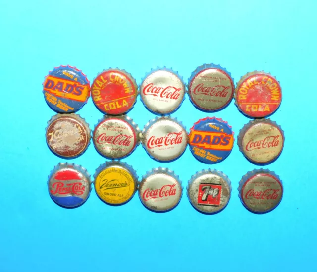 15 Antique Cork Back Soda Bottle Caps Coca-Cola, Dad's Root Beer, Royal Crown