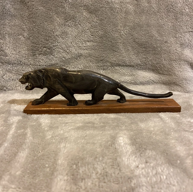 Hand Carved Horn Lioness Hunting, African Ox Wood Base, Etched Detail