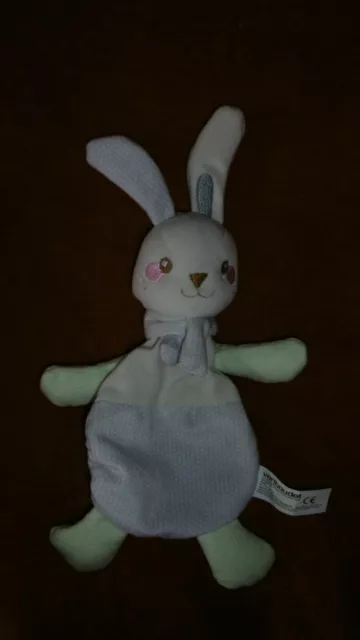 Doudou Semi Plat Lapin Blanc Gris Vert Brodé Coeur Vert Baudet Neuf