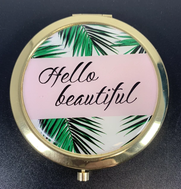 Espejo compacto ""Hello Beautiful"" hojas de palma tropical fondo 3"" diámetro