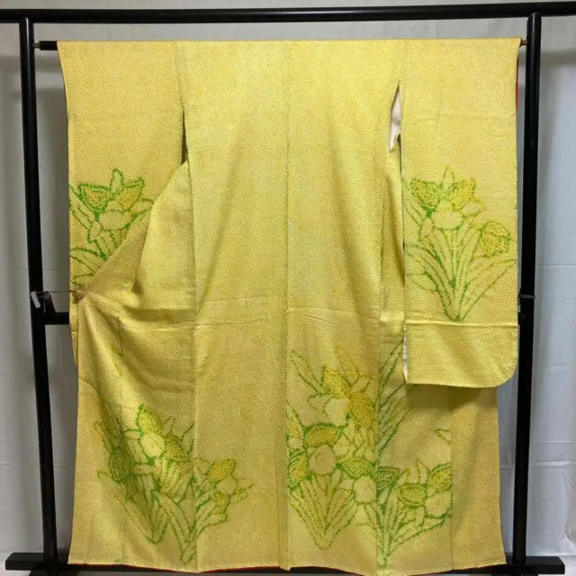 [7022] Furisode (long-sleeved kimono), shibori-dyed pure silk, kimono, Japanese,
