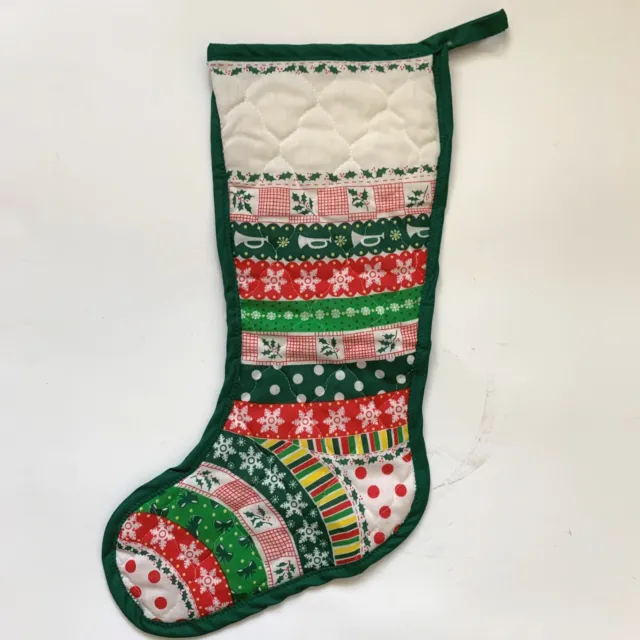 Quilted Christmas Stocking Striped Patchwork Pattern Vintage Handmade Red Green