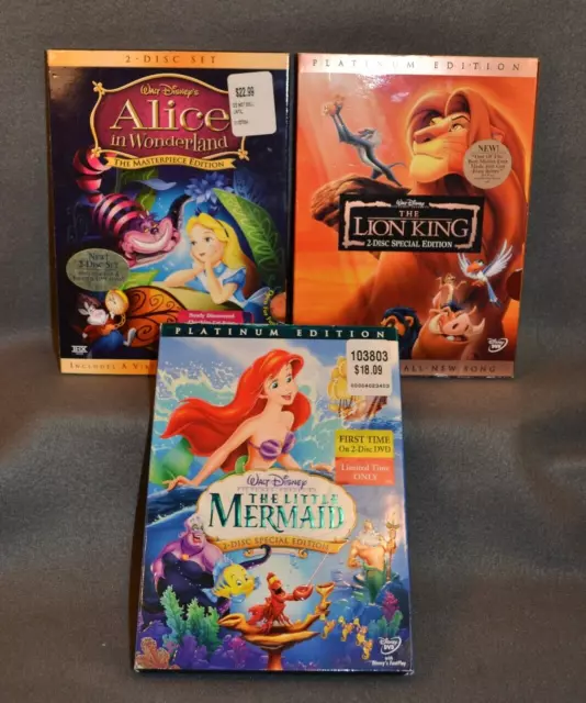 Disney Movie Lot of 3 Alice in Wonderland The Little Mermaid The Lion King DVD