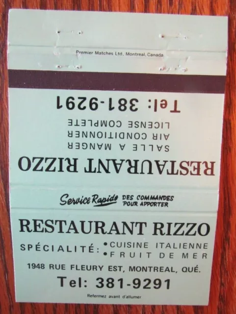 Restaurant 40 Strikes Matchbook Cover: Rizzo Italian Food (Montreal, Quebec) -E9