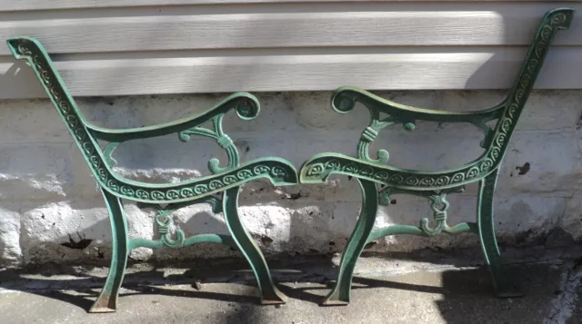 Antique Vintage Pair Of Green Cast Iron Scroll Park Bench Legs #2.