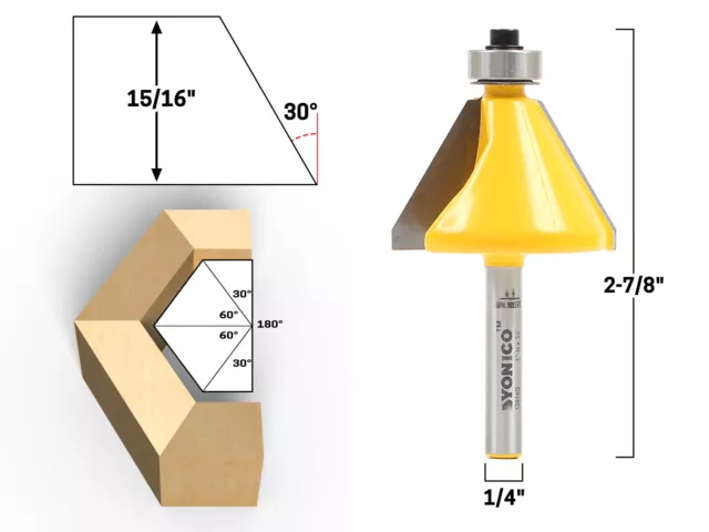 30 Degree Bevel Edge Forming Router Bit - 1/4" Shank - Yonico 13905q