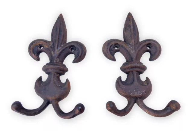 PAIR Cast Iron Fleur De Lis 6” Rustic Wall-Mounted Double Coat Hooks