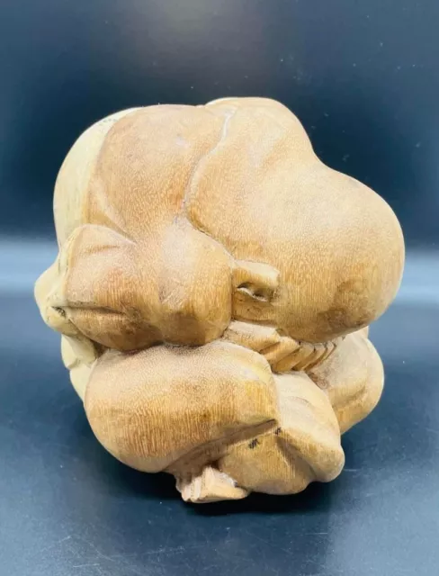 Carved Wood Weeping Buddha Sumo Wrestler Biomorphic Sculpture Worry Ball
