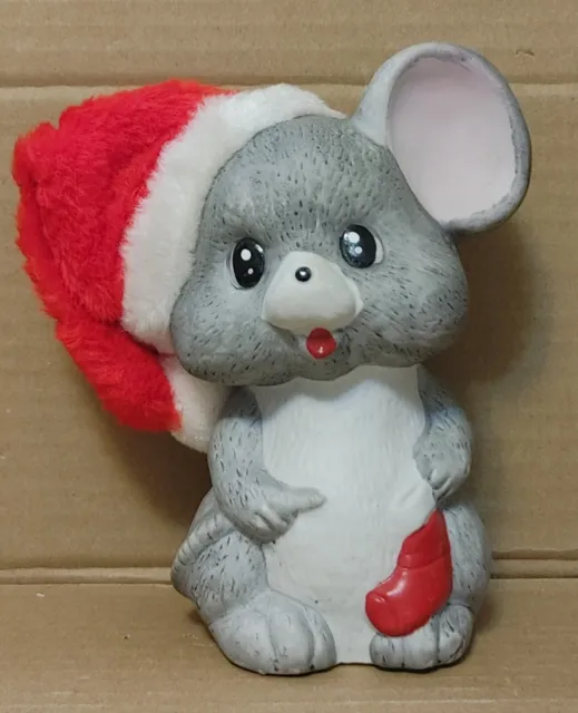 Ratón de Navidad de Cerámica de Colección Gris con Sombrero de Santa Decoración con Luz de Nochebuena - Sin Cable