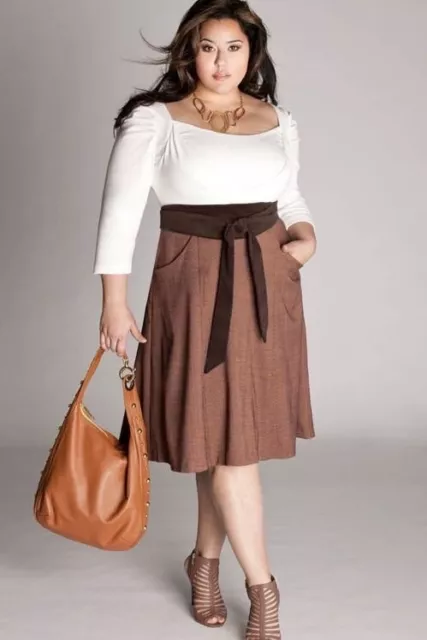 Igigi Career Dress & Obi Belt Plus 18/20 Brown & Cream Ruching Fit & Flare NWT