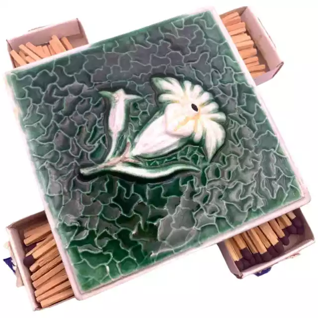 Italian Majolica Vintage 4 Box Match Holder Safe Art Nouveau Ceramic Green White