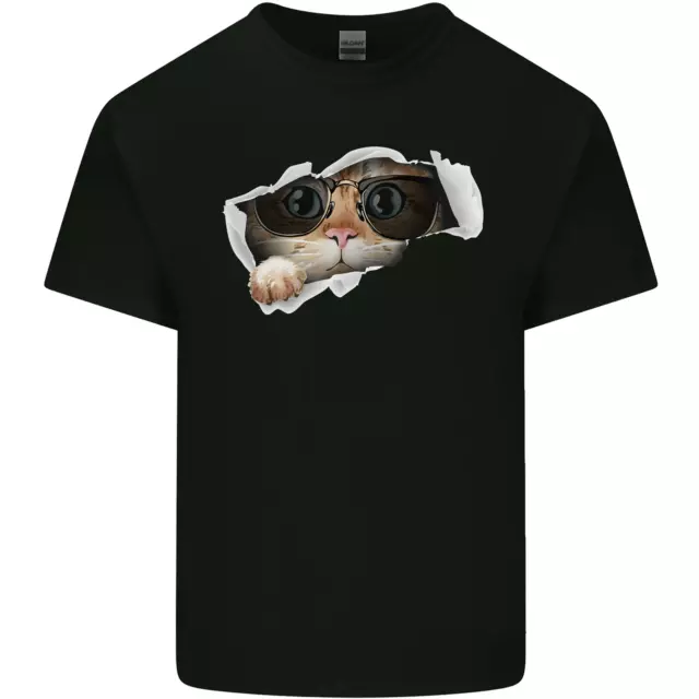 A Funny Cat Peeking From a Ripped Top Kids T-Shirt Childrens