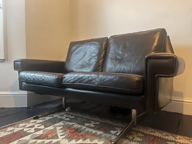 Mid-Century Vintage Danish Dark Brown Leather and Chrome 2 Seater Sofa