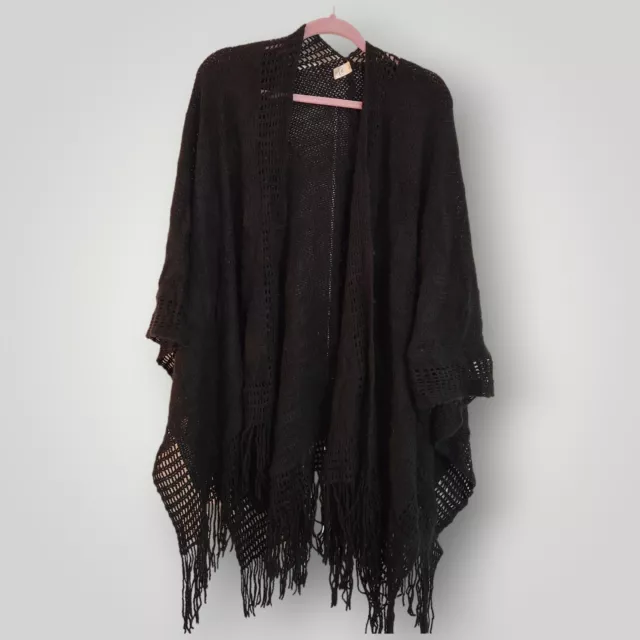 Cato Women's OS Black Crochet Shawl Wrap FRINGE Hem