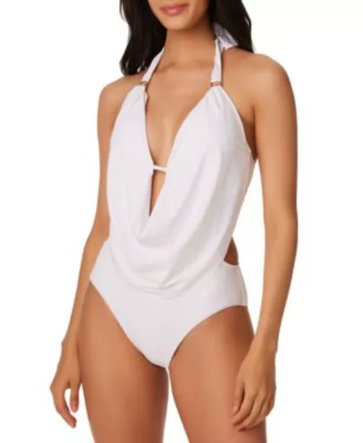 BAR III Draped Front Halter One Piece Swimsuit Size XL White Retail $88