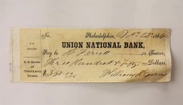 1866 antique Wm H GERNEY BANK CHECK phila pa H FARRELL civil war era UNION NAT