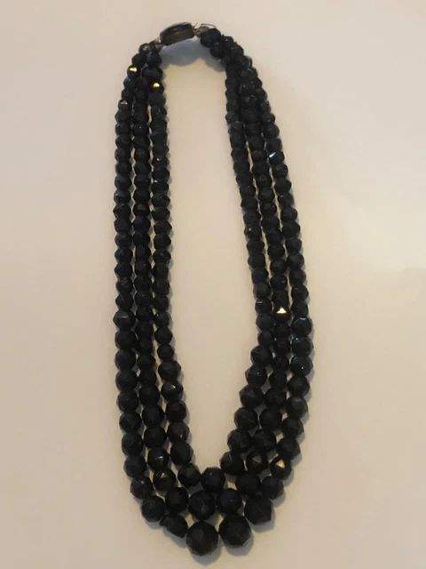 Collier Ancien En Perles De Jais Noir à Facettes Avec Strass - Bijou Vintage