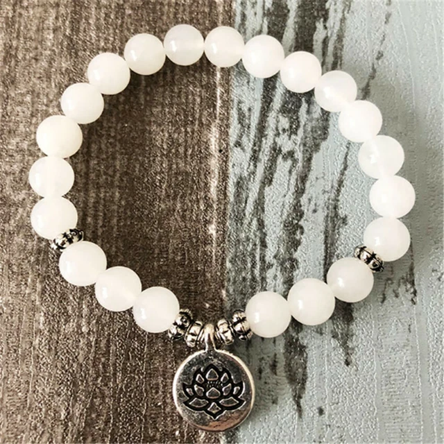 8mm White Jade Bracelet 7.5 inches Sutra Tibet silver Buddhism Energy Handmade