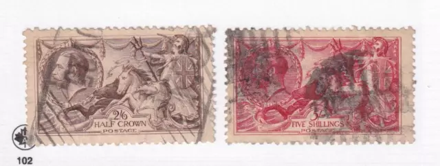 GB # 179-180 VF-USED KGV 2/6d & 5sh BRITANNIAS CAT VALUE $185 BRIT SEAHORSES