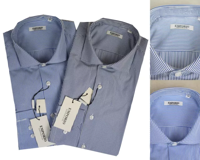 Camicia Uomo Manica Lunga di misto Cotone a Righe Classica Elegante Blu no stiro