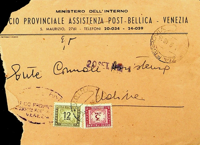 ITALY 1948 POST WWII SEGNTASSE 2v ON COVER VENEZIA TO UDINE W/ CACHET