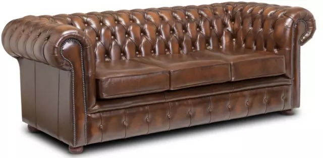 FAST DELIVERY Chesterfield Three Seater Sofa Italian Antique Tan Leather