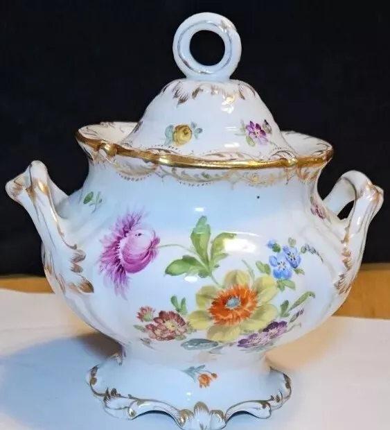 Richard Klemm Dresden Porcelain Antique Sugar Bowl  Floral & Gold NEAR MINT