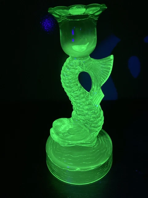 Tiffin Glass Uranium Candlestick Candle Holder 7.75” Dolphin Koi Fish Green