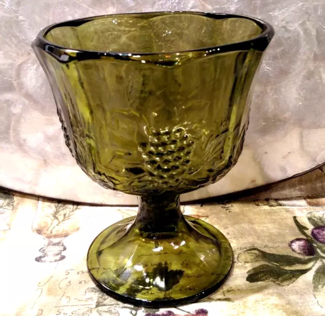 Vintage Indiana Glass Colony Grape Harvest, Green Pedestal Dish, Flowers, EUC