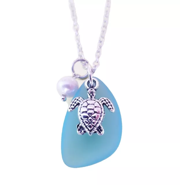 Hawaiian Jewelry Sea Glass Necklace, Turtle Necklace Turquoise Blue Necklace,