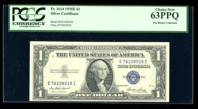 DBR 1935-E $1 Silver Fr. 1614 EI Block PCGS 63 PPQ Serial E76108016I