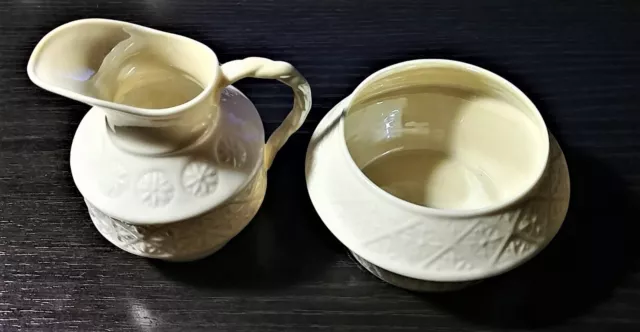 Vintage-Belleek Ivory Cream & Sugar Bowl-Cleary Pattern with 6th Mark (1965-80)