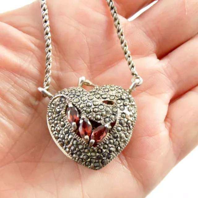 Stunning Sterling Silver & Garnet  Heart Purse Dangle Pendant Necklace 25" Chain