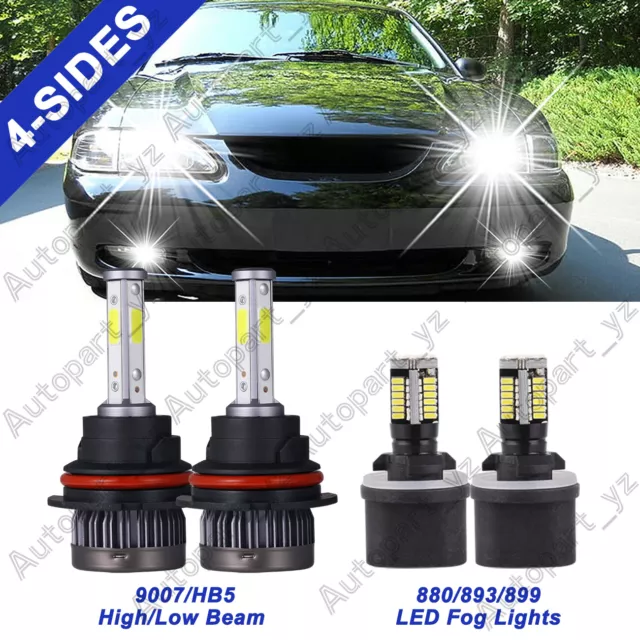 For Ford Mustang 1994-2004 - 6000K 4-Sided LED Headlights Hi/Lo + Fog Light Bulb