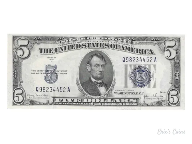 1934-D $5 Dollars Silver Certificate Blue Seal