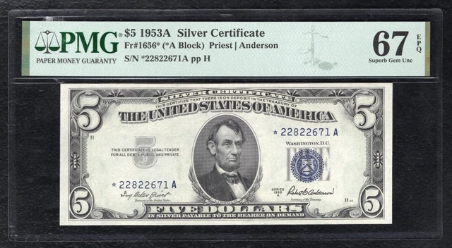 Fr. 1656* 1953-A $5 *Star* Silver Certificate Note Pmg Superb Gem Unc-67Epq
