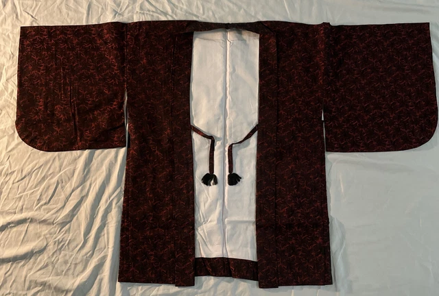 Vintage Japanese Silk Short Kimono Jacket Cover (Haori) Black Red Floral Pattern