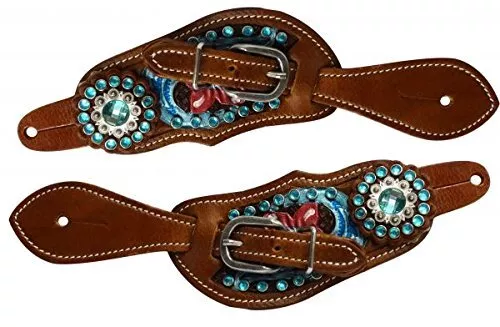 Showman Youth Floral Tooled Leather Spur Straps w/ Metallic Paint & Aqua