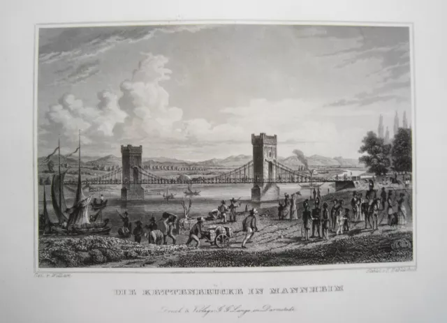 Mannheim Kettebrücke Bellissimo Vero Incisione Acciaio 1842