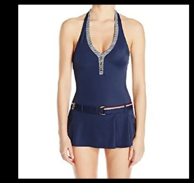 Tommy Hilfiger Swimdress Sz 10 Core Navy Multi Halter One Piece Swimsuit TH46205