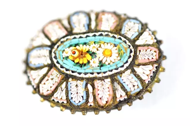 Victorian Micro Mosaic Floral Brooch Oval Flower Mosaic Pin 1900s