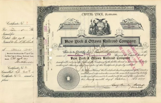 New York and Ottawa Railway Co. - Railroad Stock Certificate - Railroad Stocks